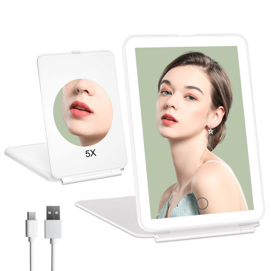 Picture of FUNTOUCH Rechargeable Portable Makeup Mirror with 72 LED Lights, Travel Lighted Makeup Mirror 1X/5X Magnification, 3 Color Lighting,Dimmable Touch Screen, Tabletop Folding Cosmetic Mirror with Lights