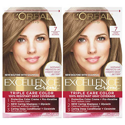 Picture of L'Oreal Paris Excellence Creme Permanent Hair Color, 7 Dark Blonde, 100 percent Gray Coverage Hair Dye, Pack of 2