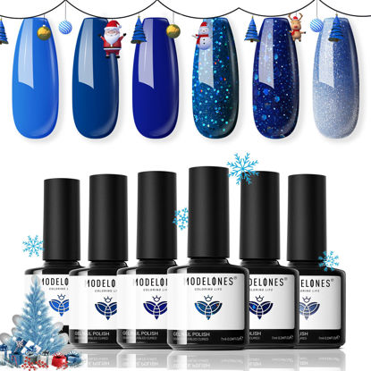 Picture of modelones Blue Gel Nail Polish Set, 6 Blue Color Changing Gel Polish Dark Blue Glitter Nail Polish Gel Kit Soak Off Navy Blue LED Classic Nail Art Manicure Holiday Gifts for Women Girls DIY Home Salon