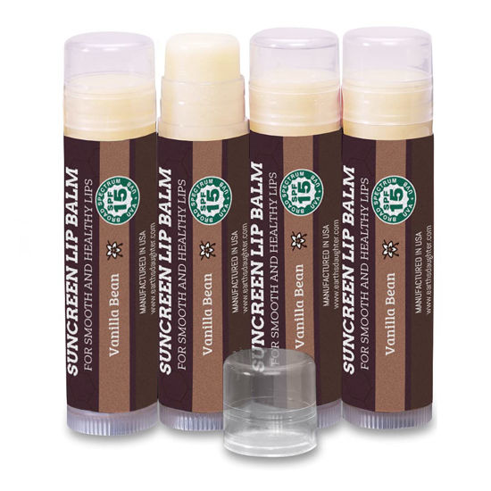 Picture of SPF Lip Balm 4-Pack by Earth's Daughter - Lip Sunscreen, SPF 15, Organic Ingredients, Vanilla Flavor, Beeswax, Coconut Oil, Vitamin E - Hypoallergenic, Paraben Free, Gluten Free