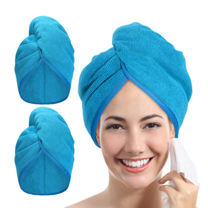 Picture of YoulerTex Microfiber Hair Towel Wrap for Women, 2 Pack 10 inch X 26 inch Super Absorbent Quick Dry Hair Turban for Drying Curly Long Thick Hair(Sky Blue)