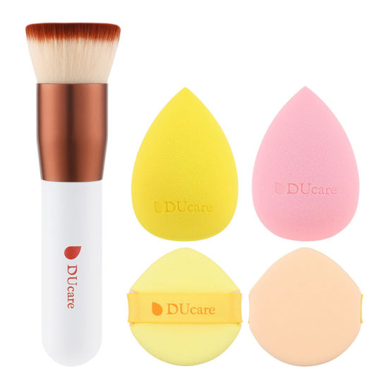 Picture of DUcare Foundation Brush with Makeup Sponges Puff Flat Top Kabuki Brush for Liquid Blending Mineral Powder Buffing Stippling