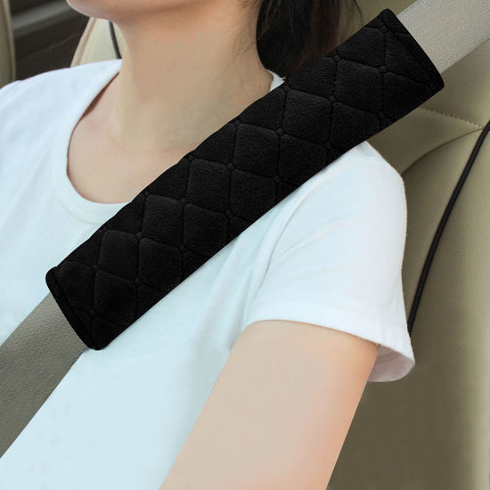 Picture of Amooca Soft Auto Seat Belt Cover Seatbelt Shoulder Pad 2 PCS for a More Comfortable Driving Compatible with All Cars and Backpack Black