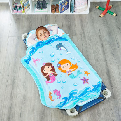 Picture of EVERYDAY KIDS Cute Preschooler and Toddler Cot Nap Mat for Home, Daycare, Preschool and Kindergarten; Easy to Roll Sleeping Mat with Elastic Straps, Pillow and Blanket