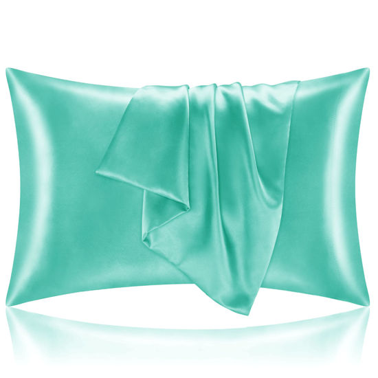 Picture of BEDELITE Satin Silk Pillowcase for Hair and Skin, Turquoise Pillow Cases Standard Size Set of 2 Pack, Super Soft Pillow Case with Envelope Closure (20x26 Inches)