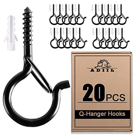 Picture of ADIIL 20 PCS Q Hanger Hooks with Safety Buckle, Windproof Screw Hooks for Hanging Outdoor String Lights, Ceiling Hooks for Plants, Christmas Lights & Patio Lights, 2.2 Inches, Black