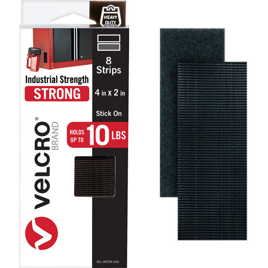 Picture of VELCRO Brand Heavy Duty Fasteners | 4x2 Inch Strips with Adhesive 8 Sets | Holds 10 lbs | Black Industrial Strength Stick On Tape | Indoor or Outdoor Use (VEL-30703-USA)