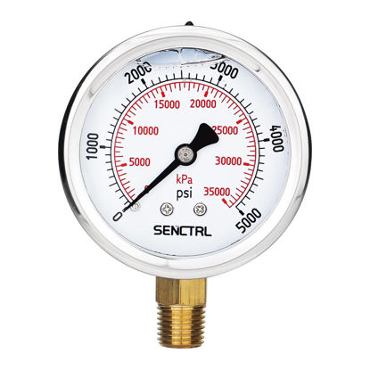 Picture of SENCTRL 5000 Psi Glycerin Liquid Filled Hydraulic High Pressure Gauge, 2.5" Dial Size, 1/4" NPT Lower Mount, Stainless Steel Case, for Air Gas Water Oil Pressure Test