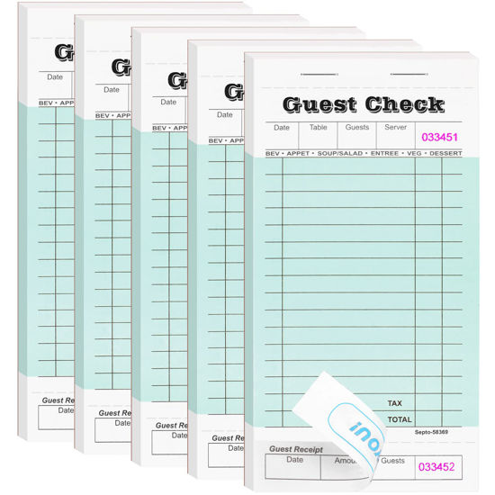 Picture of 5 Pack Server Note Pads, Guest Check Books for Servers, Guest Checks Notepad for Waiter Waitress Servers, Waitress Notepad for Restaurants Food Order, 50 Sheets/Pad, Green Guest Check