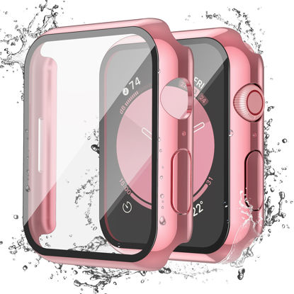 Picture of Misxi [2 Pack] for Apple Watch Series 6 SE Series 5 Series 4 40mm Waterproof Anti-Scratch Case with Button, Hard PC Cover with Tempered Glass Screen Protector for iWatch, 1 Rose Pink + 1 Transparent