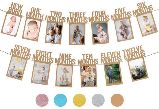 Picture of PartyHooman 1st Birthday Photo Banner for Baby from Newborn to 12 Months, First Birthday Decorations Boy or Girl Monthly Milestones Garland | First Birthday Photo Banner Pre-strung with Frame (Kraft)