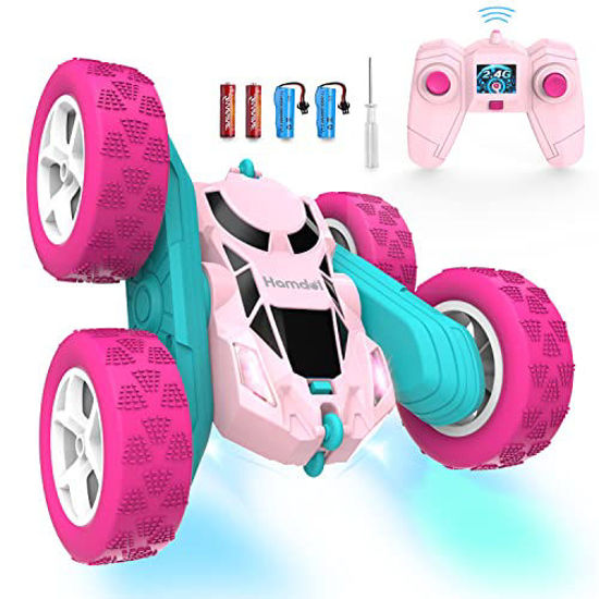 Picture of Hamdol Remote Control Car for Girls Pink RC Car Double Sided 360°Flip Stunt Car with Headlights, All Terrain Tires, Rechargeable Batteries Toy Car for 6 7 8 9 10 11 12 Girls Birthday