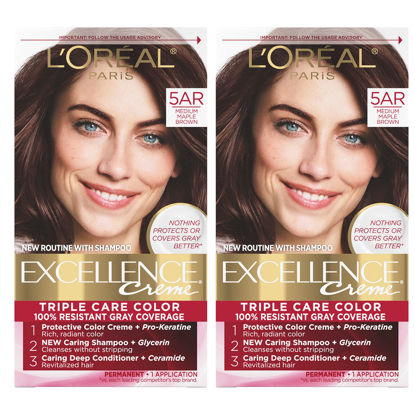 Picture of L'Oreal Paris Excellence Creme Permanent Hair Color, 5AR Medium Maple Brown, 100 percent Gray Coverage Hair Dye, Pack of 2