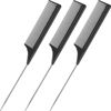 Picture of 3 Packs Rat Tail Comb Steel Pin Rat Tail Carbon Fiber Heat Resistant Teasing Combs with Stainless Steel Pintail (Black)