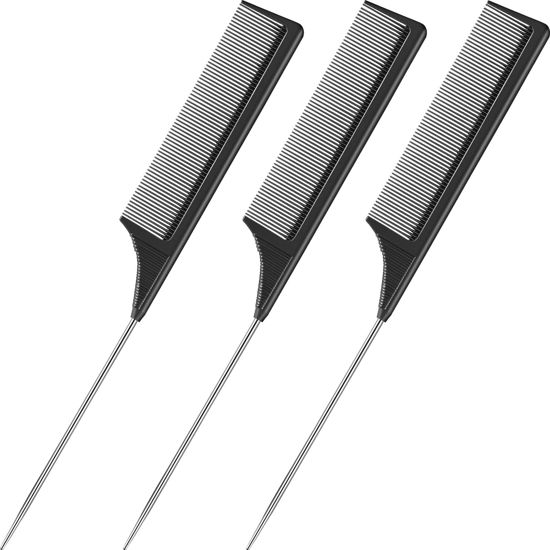 Picture of 3 Packs Rat Tail Comb Steel Pin Rat Tail Carbon Fiber Heat Resistant Teasing Combs with Stainless Steel Pintail (Black)