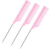 Picture of 3 Packs Rat Tail Comb Steel Pin Rat Tail Carbon Fiber Heat Resistant Teasing Combs with Stainless Steel Pintail (Pink)