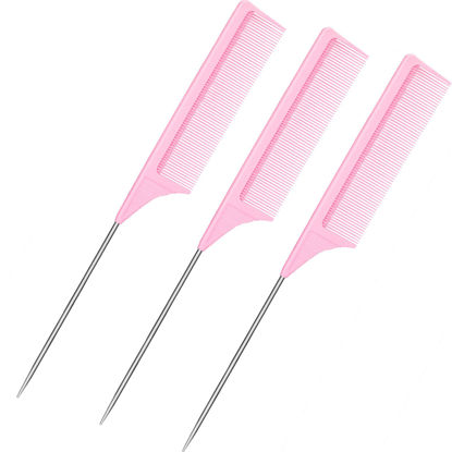 Picture of 3 Packs Rat Tail Comb Steel Pin Rat Tail Carbon Fiber Heat Resistant Teasing Combs with Stainless Steel Pintail (Pink)