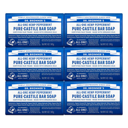 Picture of Dr. Bronner's - Pure-Castile Bar Soap (Peppermint, 5 ounce, 6-Pack) - Made with Organic Oils, For Face, Body & Hair, Gentle & Moisturizing, Biodegradable, Vegan, Cruelty-free, Non-GMO