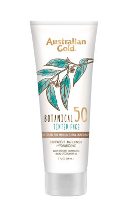 Picture of Australian Gold Botanical SPF 50 Tinted Sunscreen for Face, Non-Chemical BB Cream & Mineral Sunscreen, Water-Resistant, Matte Finish, For Sensitive Facial Skin, Medium to Tan Skin Tones, 3 FL Oz