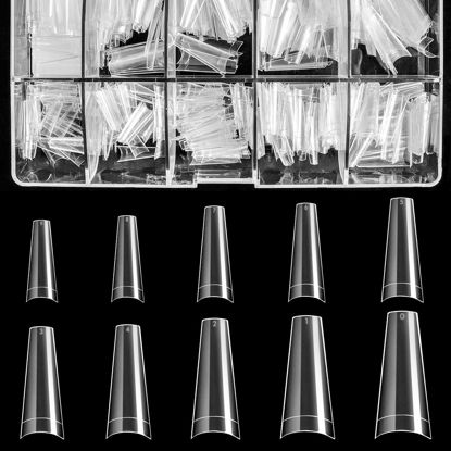 Picture of Clear Acrylic Nail Tips - Coffin Nail Tips BTArtbox 500pcs Artificial Ballerina shaped Fake Nails Half Cover False Nail with Case for Nail Salons and DIY Nail Art, 10 Sizes