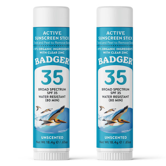 Picture of Badger Face Sunscreen Stick SPF 35 with Mineral Zinc Oxide, Travel Size Sunscreen, 97% Organic Ingredients, Reef Friendly SPF Stick Sunscreen for Face, Unscented, 0.65 oz(2 Pack)