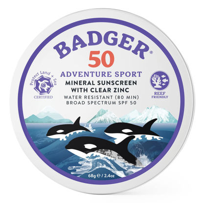 Picture of Badger Biodegradable Sunscreen in Metal Tin, SPF 50 Zinc Oxide Sunscreen with 98% Organic Ingredients, Reef Safe, Broad Spectrum, Water Resistant, Unscented, 2.4 oz