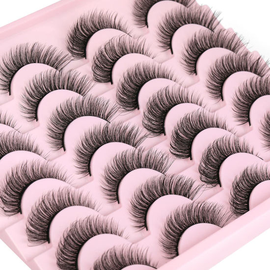 Picture of Wispy Mink Lashes Fluffy 14mm 3D False Eyelashes Natural Look Cat Eye Short Strip Lashes Pack by Kiromiro