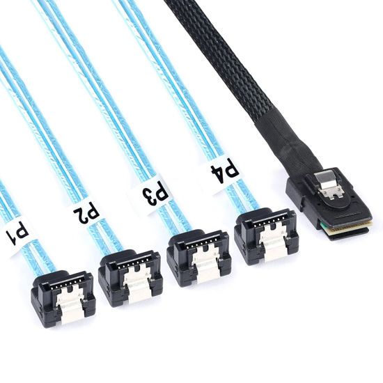 Picture of ADCAUDX 2Pack Mini-SAS to SATA-Cable 0.5M SFF-8087 to SATA Breakout Cable SFF 8087 to 4 SATA 90 Degree Right Angle Mini-SAS Controller to SATA Hard Driver Cable (1.6FT)