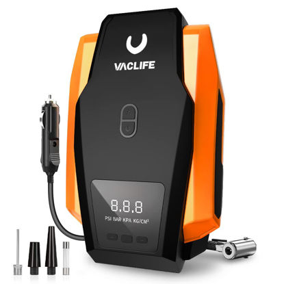 Picture of VacLife Tire Inflator Portable Air Compressor - Air Pump for Car Tires (up to 50 PSI), 12V DC Tire Pump for Bikes (up to 150 PSI) w/LED Light, Digital Pressure Gauge, Model: ATJ-1166, Orange (VL701)