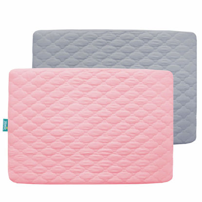 Picture of Sheet for Pack n Play Quilted Waterproof Protector, 2 Pack Premium Compatible with Pack n Play Pad Cover 39" X 27" fits for Baby Foldable and Playard Mattress, Portable Mini Crib, Gray & Pink