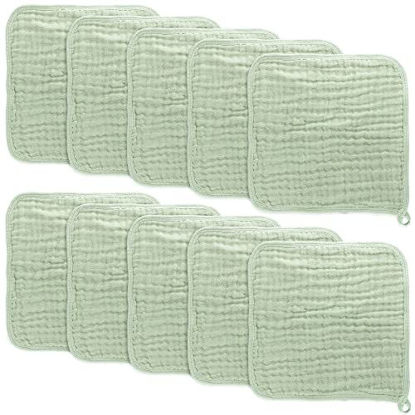 Picture of Baby Washcloths, Muslin Cotton Baby Towels, Large 10”x10” Wash Cloths Soft on Sensitive Skin, Absorbent for Boys & Girls, Newborn Baby & Toddlers Essentials Shower Registry Gift (Sage, Pack of 10)