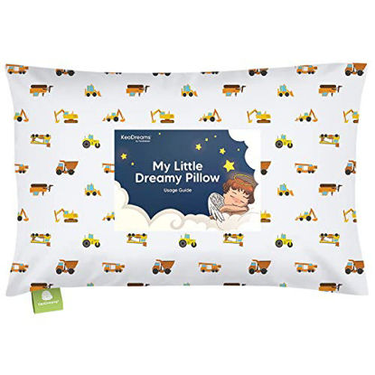 Picture of Toddler Pillow with Pillowcase - 13x18 My Little Dreamy Pillow, Organic Cotton Toddler Pillows for Sleeping, Kids Pillow, Travel Pillows, Mini Pillow, Nursery Pillow, Toddler Bed Pillow (Construction)