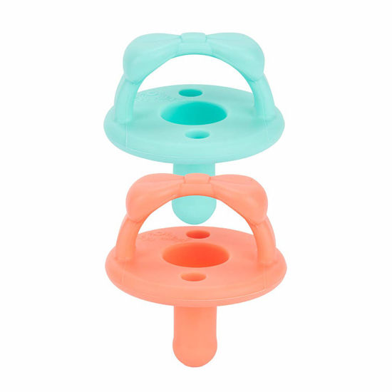 Picture of Itzy Ritzy Sweetie Soother Pacifier Set of 2 - Silicone Newborn Pacifiers with Collapsible Handle & Two Air Holes for Added Safety; Set of 2 in Aquamarine & Peach, Ages Newborn & Up