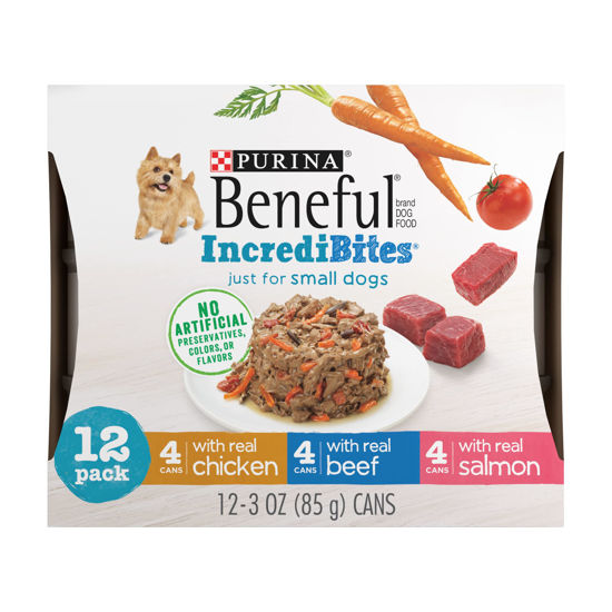 Picture of Purina Beneful Small Breed Wet Dog Food Variety Pack, IncrediBites With Real Beef, Chicken or Salmon - (2 Packs of 12) 3 oz. Cans