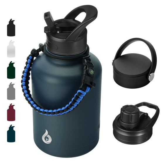 Picture of BJPKPK Insulated Water Bottles with Straw Lid,50oz Large Water Bottle,Stainless Steel Vacuum Water Bottle,Hot & Cold Insulated Water Bottles with 3 Lids and Paracord Handle,Navy Blue