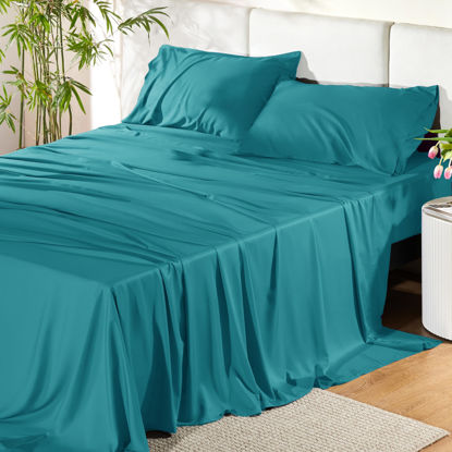 Picture of Bedsure Cooling Sheets Set, Rayon Made from Bamboo, Queen Sheet Set, Deep Pocket Up to 16", Hotel Luxury Silky Soft Breathable Bedding Sheets & Pillowcases, Viridian Green