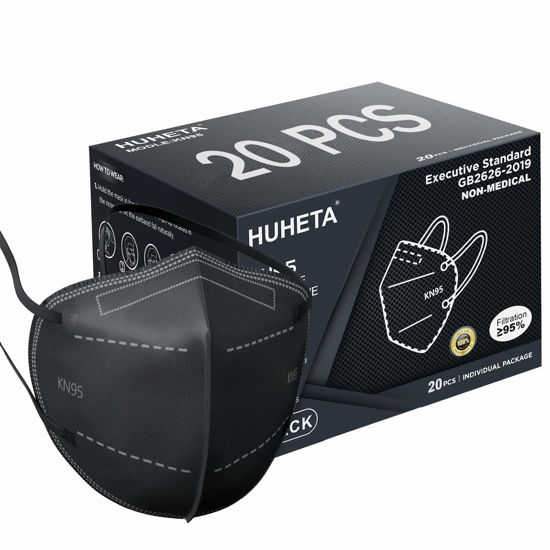 Picture of HUHETA KN95 Face Mask 20 Packs, 5 Layer Safety Mask with Elastic Ear Loop and Nose Bridge Clip, Filter Efficiency Over 95%, Protective Masks for Indoor and Outdoor Use (Black Mask)