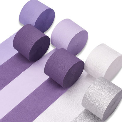 Picture of PartyWoo Crepe Paper Streamers 6 Rolls 492ft, Pack of Metallic Silver, Light Purple, Lilac, Lavender Purple, White Crepe Paper for Birthday Decorations, Baby Shower Decorations (1.8 Inch x 82 Ft/Roll)