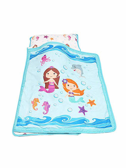 Picture of EVERYDAY KIDS Toddler Nap Mat with Removable Pillow -Underwater Mermaids- Carry Handle with Fastening Straps Closure, Rollup Design, Soft Microfiber for Preschool, Daycare Sleeping Bag, Ages 2-6 years