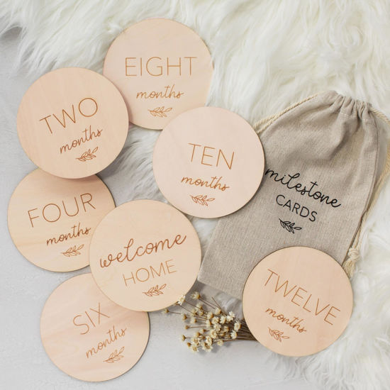 Picture of Beautiful Baby Monthly Milestone Cards - The Perfect Wooden Discs for Adorable Milestone Pictures of Your Little One - 7 Reversible Wooden Circles incl. Announcement & Hello World Sign