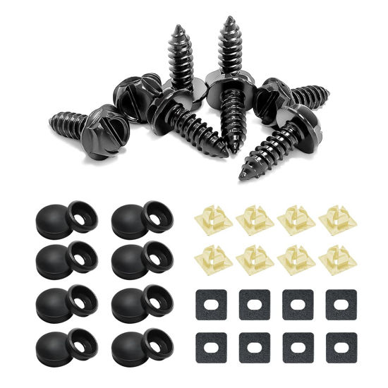 Picture of 8 Sets Stainless Steel Licence Plate Screws Kit, Rustproof Licence Plate Screw Covers and Anti-Rattle Foam Pads, Self Tapping Mounting Bolts Fastener for Licence Plates, Frames and Covers