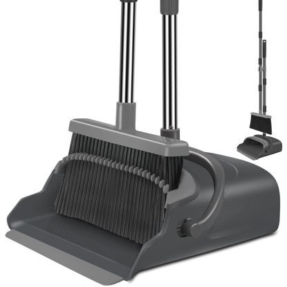 Picture of kelamayi Broom and Dustpan Set for Home, Office, Stand Up Broom and Dustpan (Black&Gray)