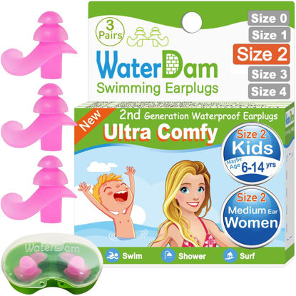 Picture of WaterDam Swimming Ear Plugs Great Waterproof Ultra Comfy Earplugs Prevent Swimmer's Ear (Size 2+2+2: Kids Teens Medium Ear Women Small Ear Men (Pink Pink Pink))