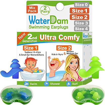 Picture of WaterDam Swimming Ear Plugs Great Waterproof Ultra Comfy Earplugs Prevent Swimmer's Ear (Size 1+2: Toddlers (Blue) & Small&Medium Ear Women Kids Teens (Green))