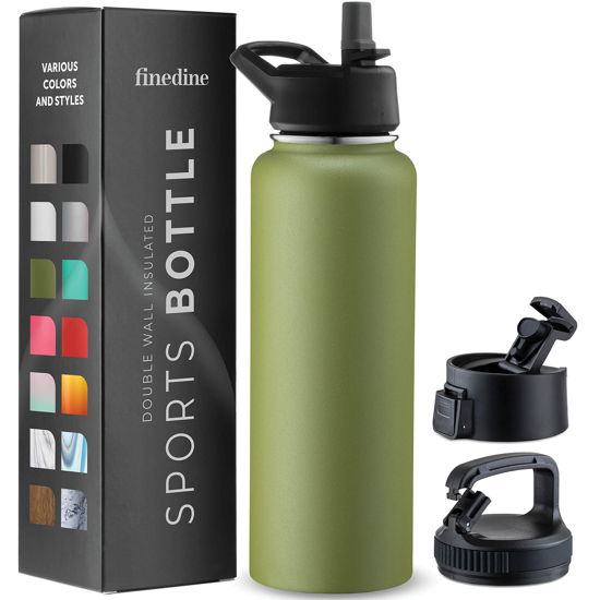 Picture of FineDine Insulated Water Bottles with Straw - 40 Oz Stainless Steel Metal Water Bottle W/ 3 Lids - Reusable for Travel, Camping, Bike, Sports - Army Green