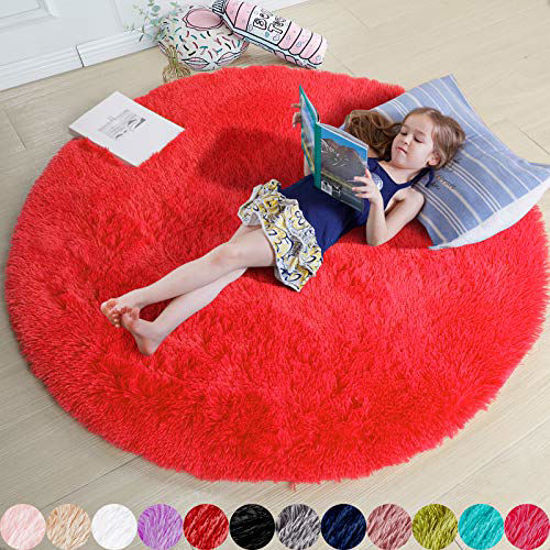 Picture of Amdrebio Red Round Rug for Bedroom,Fluffy Circle Rug 5'X5' for Kids Room,Furry Carpet for Teen Girls Room,Shaggy Circular Rug for Nursery Room,Fuzzy Plush Rug for Dorm,Red Carpet, Room Decor for Baby