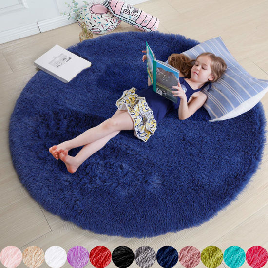 Picture of Navy Blue Rug for Bedroom,Fluffy Circle Rug 6'X6' for Kids Room,Furry Carpet for Teen's Room,Shaggy Circular Rug for Nursery Room,Fuzzy Plush Rug for Dorm,Indigo Carpet,Cute Room Decor for Baby