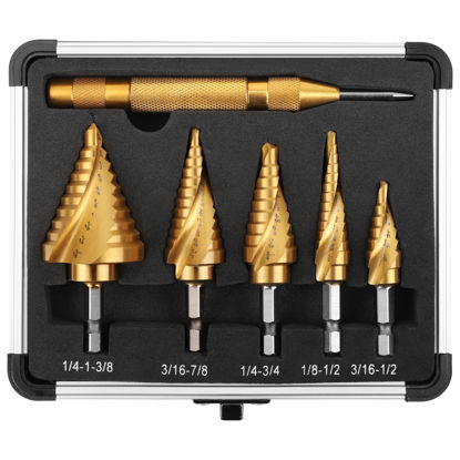 Picture of COMOWARE Hex Shank HSS Step Drill Bit with Two Spiral Flutes and Impact Readiness - Ideal for Metal, Stainless Steel, Aluminum, Wood, and Plastic,Total 50 Sizes with Aluminum Case