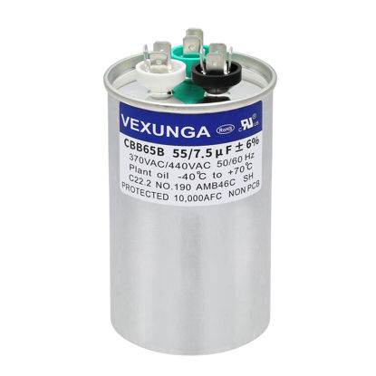 Picture of VEXUNGA 55/7.5 uF 55+7.5 MFD 370V or 440V Dual Run Start Round A/C Capacitor CBB65 CBB65B Air Conditioner Capacitors for AC Unit Fan Motor Start or Heat Pump or Condenser Straight Cool