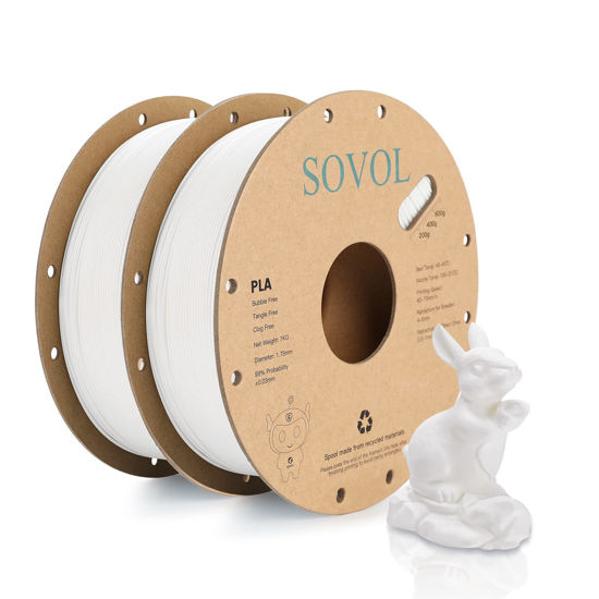 Picture of Sovol 3D Printer PLA Filament 2kg (4.4 lbs) Spool Printing Materials, Wiring Tightness, Dimensional Accuracy +/- 0.03 mm, 1.75 mm, White 2 Rolls